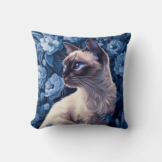 Siamese Cat in Blue Flowers Throw Pillow (Front)