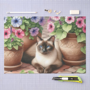 Siamese Cat in Garden with Clay Pots Tissue Paper