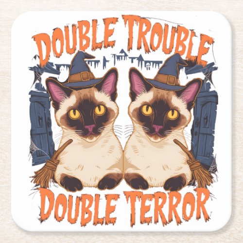 Siamese Cat in Halloween Mansion Square Paper Coaster