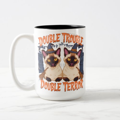 Siamese Cat in Halloween Mansion Two_Tone Coffee Mug