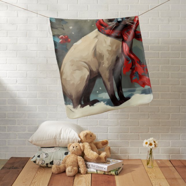 Siamese Cat in Snow Christmas Baby Blanket (In Situ)