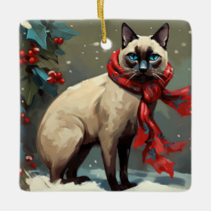 Siamese Cat in Snow Christmas Ceramic Ornament