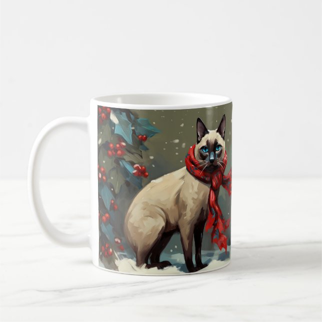Siamese Cat in Snow Christmas Coffee Mug (Left)