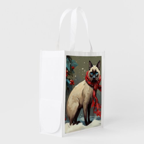 Siamese Cat in Snow Christmas Grocery Bag