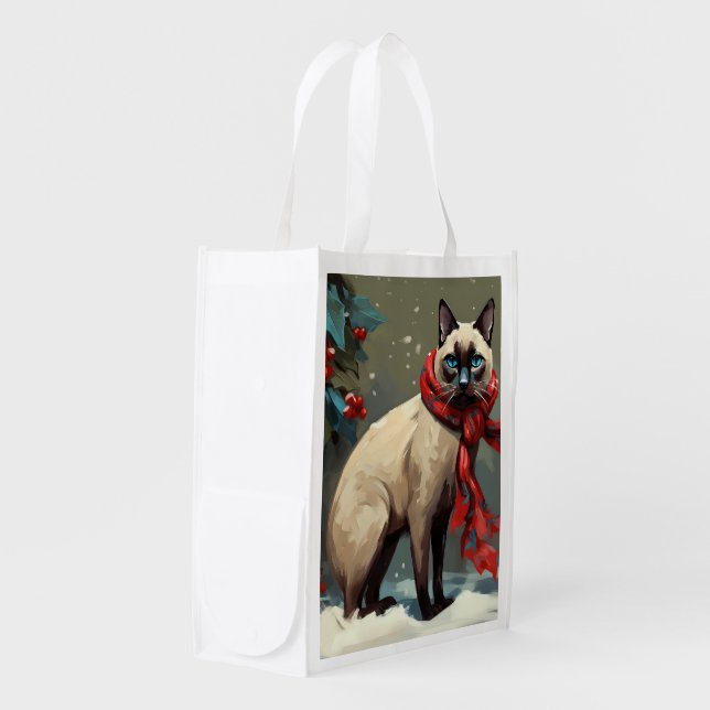 Siamese Cat in Snow Christmas Grocery Bag (Front Side)