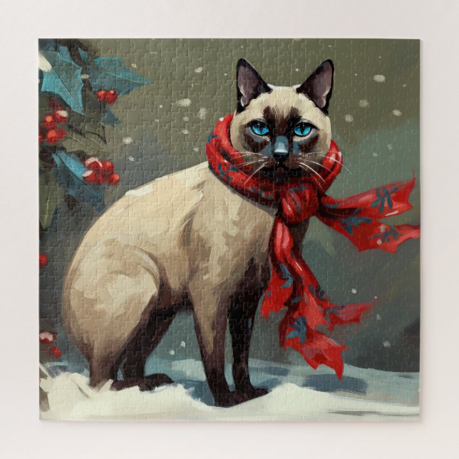 Siamese Cat in Snow Christmas Jigsaw Puzzle (Vertical)