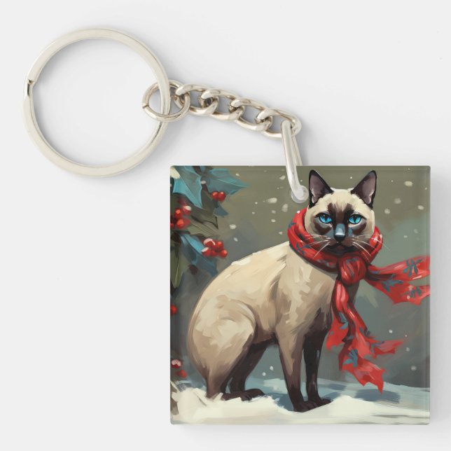 Siamese Cat in Snow Christmas Keychain (Front)