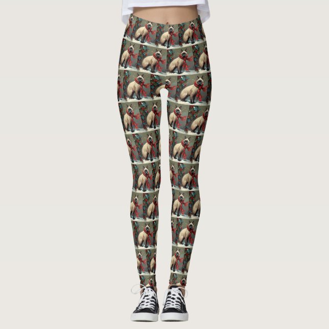 Siamese Cat in Snow Christmas Leggings (Front)