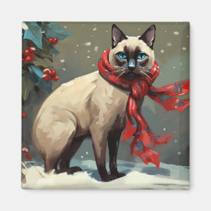 Siamese Cat in Snow Christmas Magnet