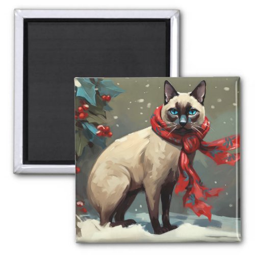 Siamese Cat in Snow Christmas Magnet