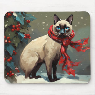 Siamese Cat in Snow Christmas Mouse Pad