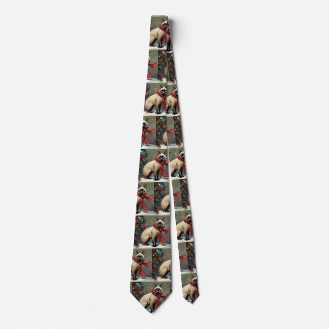 Siamese Cat in Snow Christmas Neck Tie (Front)