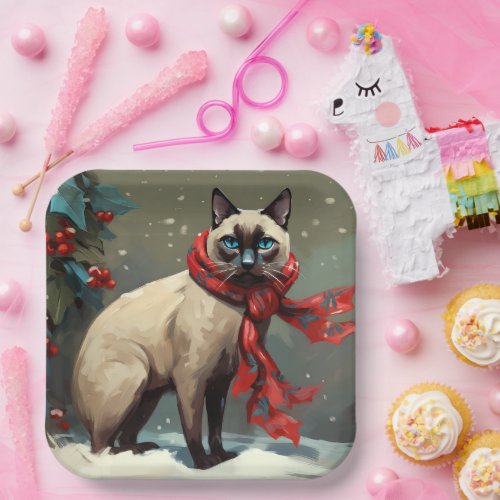 Siamese Cat in Snow Christmas Paper Plates