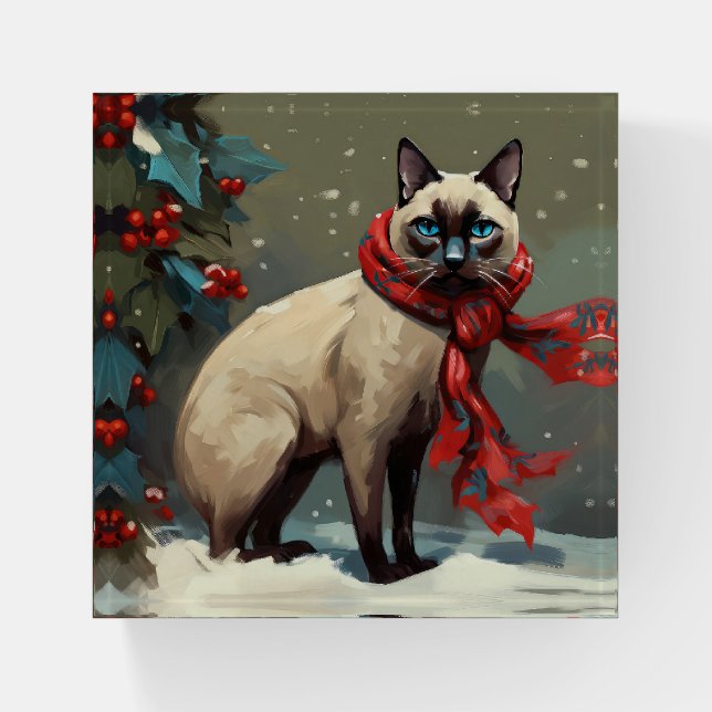 Siamese Cat in Snow Christmas Paperweight (Front)