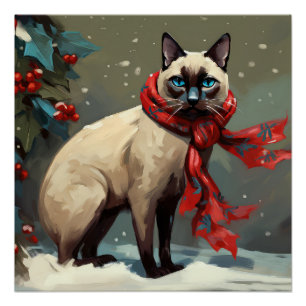 Siamese Cat in Snow Christmas Poster