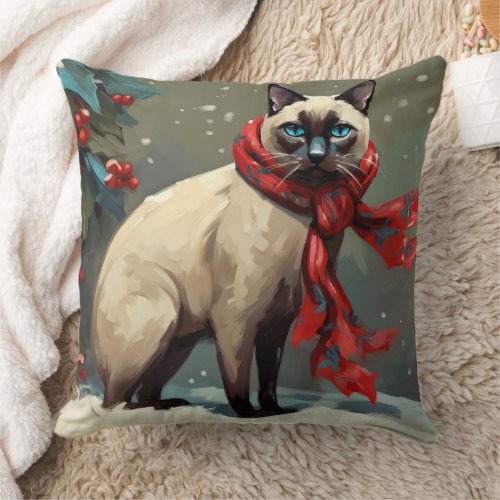 Siamese Cat in Snow Christmas Throw Pillow