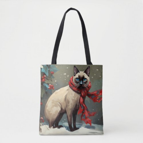 Siamese Cat in Snow Christmas Tote Bag
