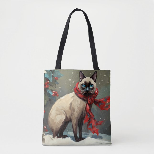 Siamese Cat in Snow Christmas Tote Bag (Front)