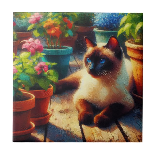 Siamese Cat in the Garden Oil Painting Ceramic Tile (Front)