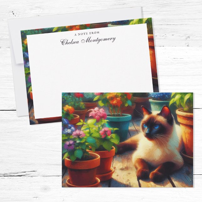 Siamese Cat in the Garden Oil Painting Custom Name Note Card (Creator Uploaded)