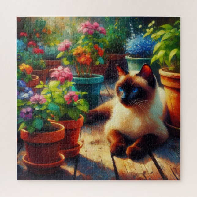 Siamese Cat in the Garden Oil Painting Jigsaw Puzzle (Vertical)
