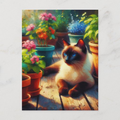 Siamese Cat in the Garden Oil Painting Postcard