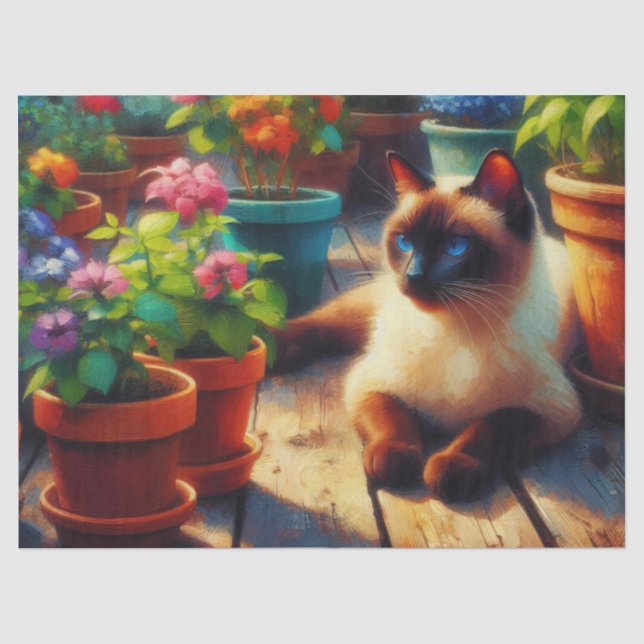Siamese Cat in the Garden Painting Decoupage Tissue Paper (Front)