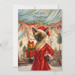 Siamese Cat is holding Christmas Presents Holiday Card