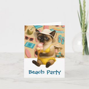 Siamese Cat is licking Ice cream  beach Party Invitation