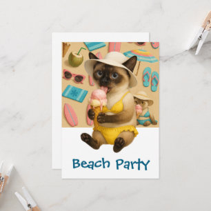 Siamese Cat is licking Ice cream  beach Party Invitation