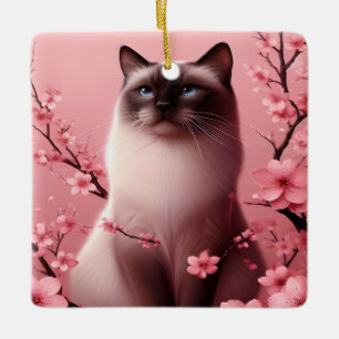 Siamese Cat Japanese Cherry Blossom Flower Pink Ceramic Ornament