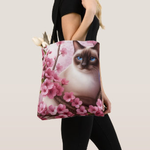 Siamese Cat Japanese Cherry Blossom Flower Pink Tote Bag
