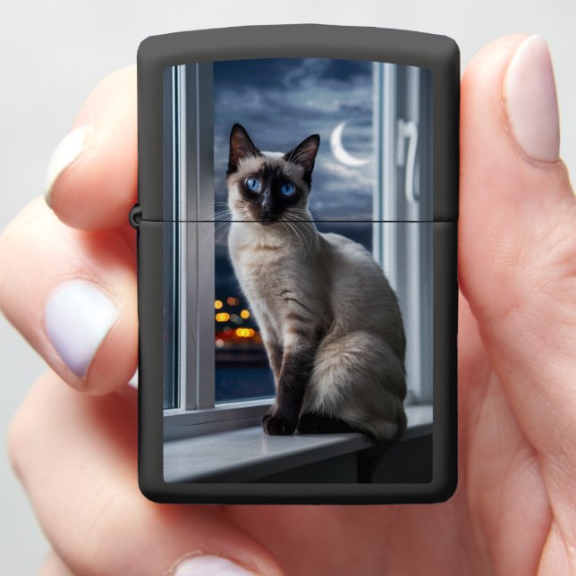 Siamese Cat Looking Out a Window Zippo Lighter (In Hand)