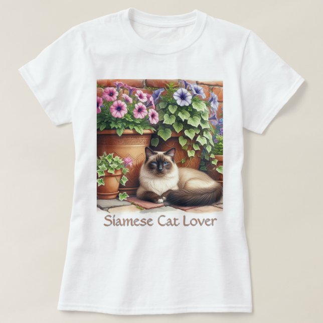 Siamese Cat Lover / Pink Petunia Flowers  T-Shirt (Design Front)