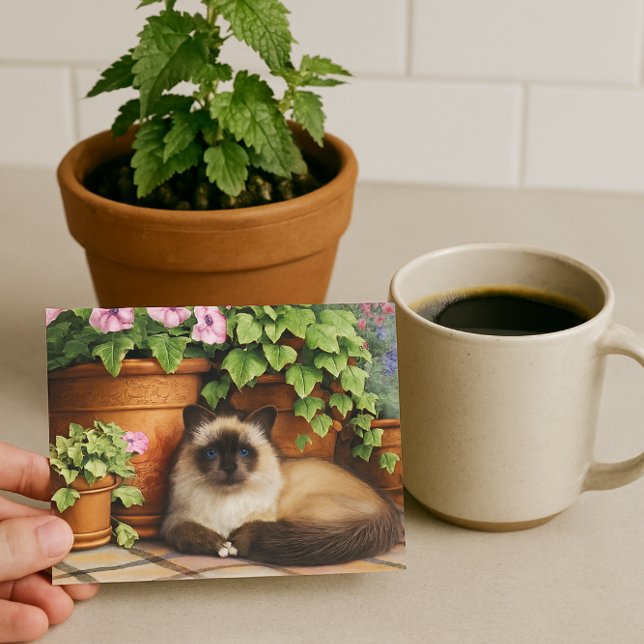 Siamese Cat Lying by Flowers Cat Lover  Postcard (Creator Uploaded)