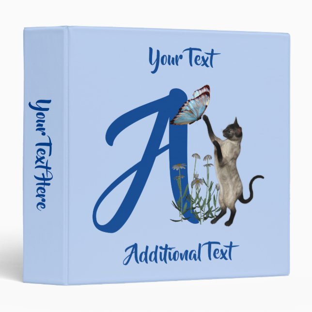 Siamese Cat Monogram Initial A Personalized 3 Ring Binder (Front/Spine)