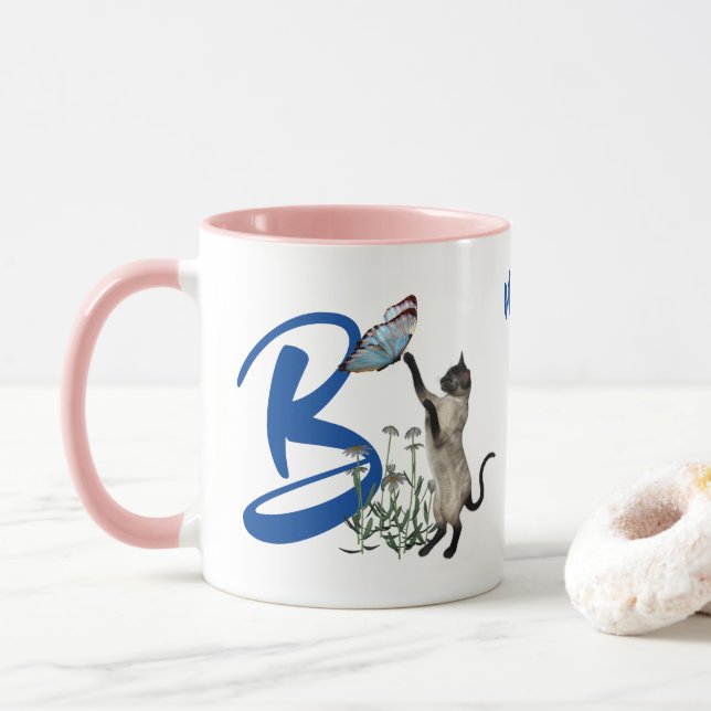 Siamese Cat Monogram Initial B Personalized Mug (With Donut)