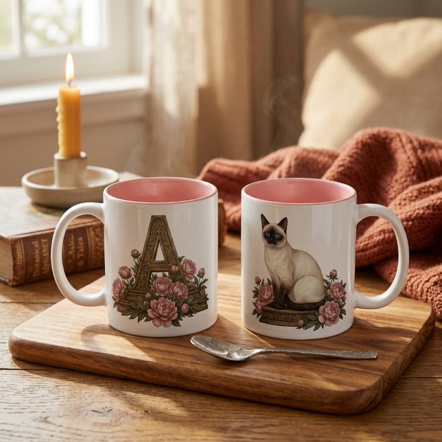 Siamese Cat Monogram Mug (Siamese Cat Monogram Mug - Personalized Initial Mug -Elegant Cat Lover Gift - Blue Eyes Cat Coffee )