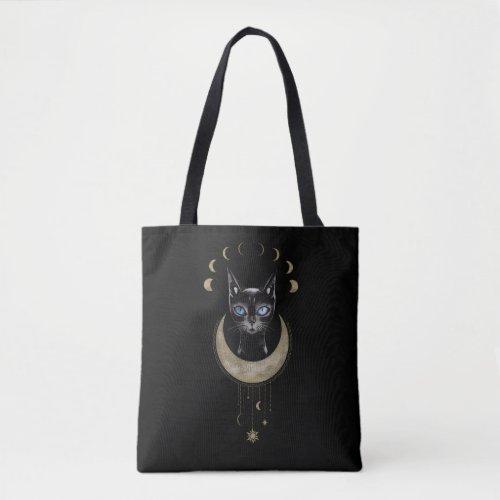 Siamese Cat Moon Phases Celestial Black Tote Bag