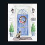 Siamese Cat Moving Announcement Postcard<br><div class="desc">Announce your new address with our stylish announcement featuring a Siamese cat,  blue front door,  welcome mat,  slate sign,  topiaries and a floral wreath set on a gray brick background.</div>