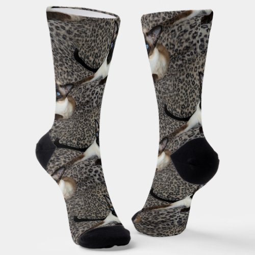 Siamese Cat on Leopard Print Wild Animal Spots Socks