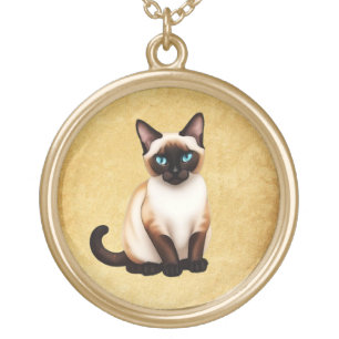Siamese Cat On Old Paper Gold Plated Necklace