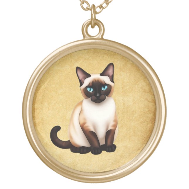 Siamese Cat On Old Paper Gold Plated Necklace (Front)