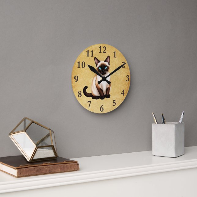 Siamese Cat On Old Paper Round Clock (Office)