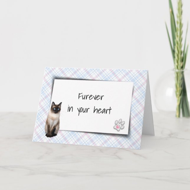 Siamese Cat On Plaid Pet Loss Sympathy Card (Front)