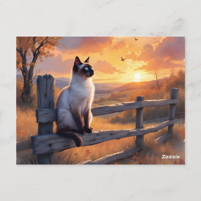 Siamese cat on split rail fence postcard (Back)