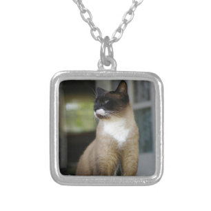 Siamese Cat on the Porch Silver Plated Necklace