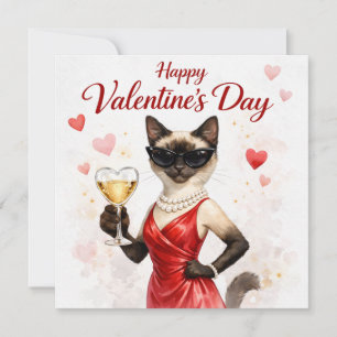 Siamese Cat on Valentine’s Day – Glam Cat in Red Holiday Card