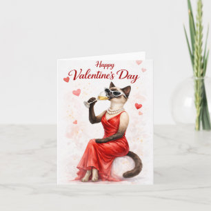 Siamese Cat on Valentine’s Day – Glam Cat in Red Holiday Card