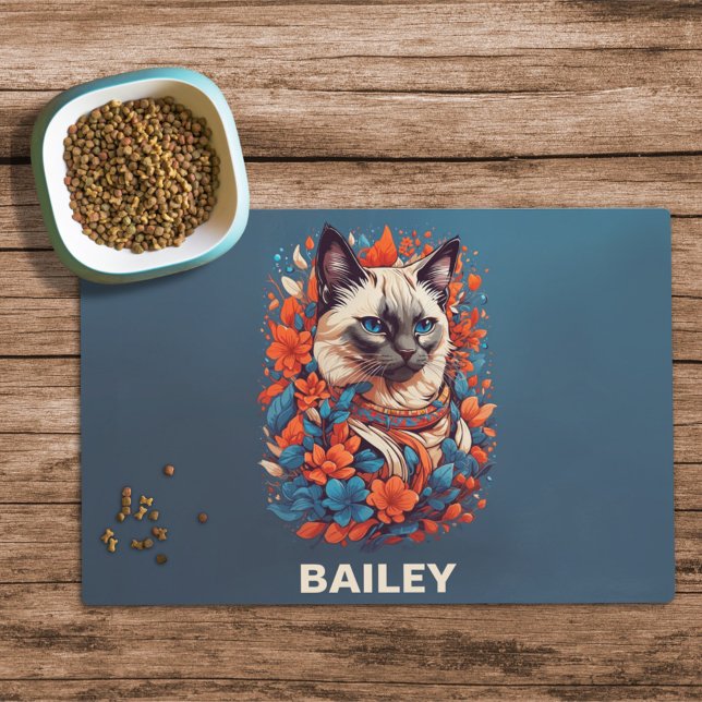 Siamese Cat & Orange & Blue Flowers Cat Food Mat (Creator Uploaded)